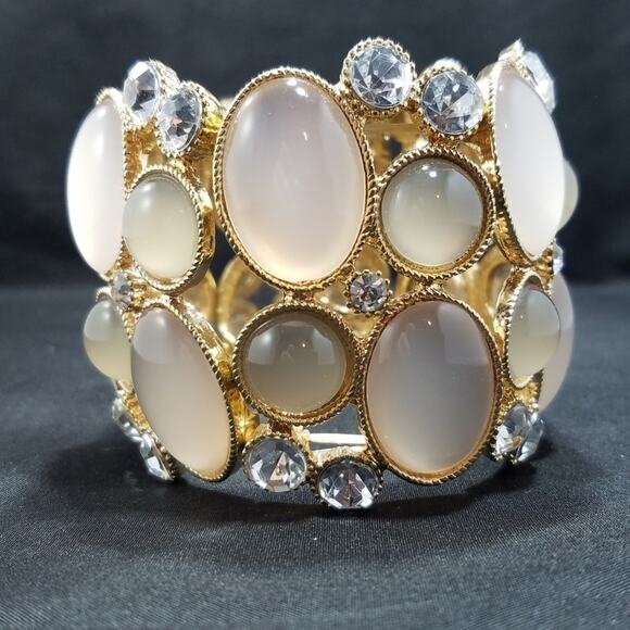Rhinestone Stretch Bracelet, Wide Frosty Cream, 8 Inches, Gold Tone - Picture 2 of 10